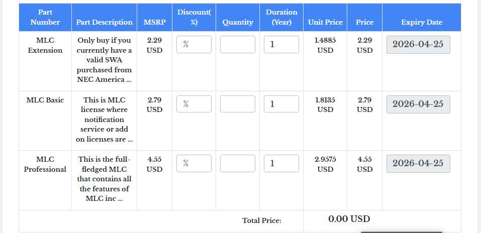 Pricing Screen
